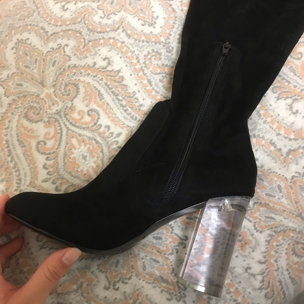 Black suede, clear heel boots